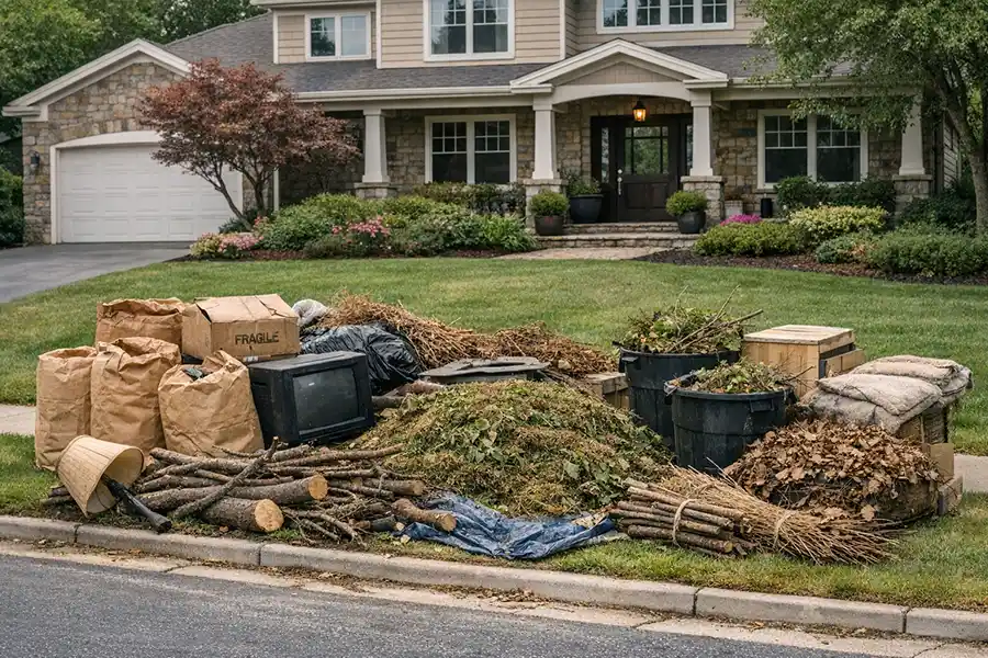 Residential junk removal pile in New Albany Ohio featuring yard waste, old electronics, and debris ready for haul away.